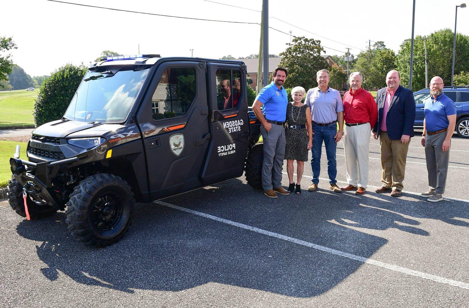 Representative Craig Lipscomb, State Senator Andrew Jones, Representatives Mark Gidley and Mack Butler, Gadsden State President Dr. Kathy Murphy and GSCC Chief of Police Jay Freeman with the Polaris Ranger NorthStar/Police Edition purchased with funds from a community development grant.